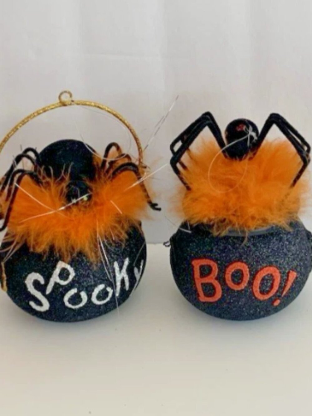 Pier 1 (2) Black Glitter Spider Topped Cauldron W/Orange Feathery Top Halloween